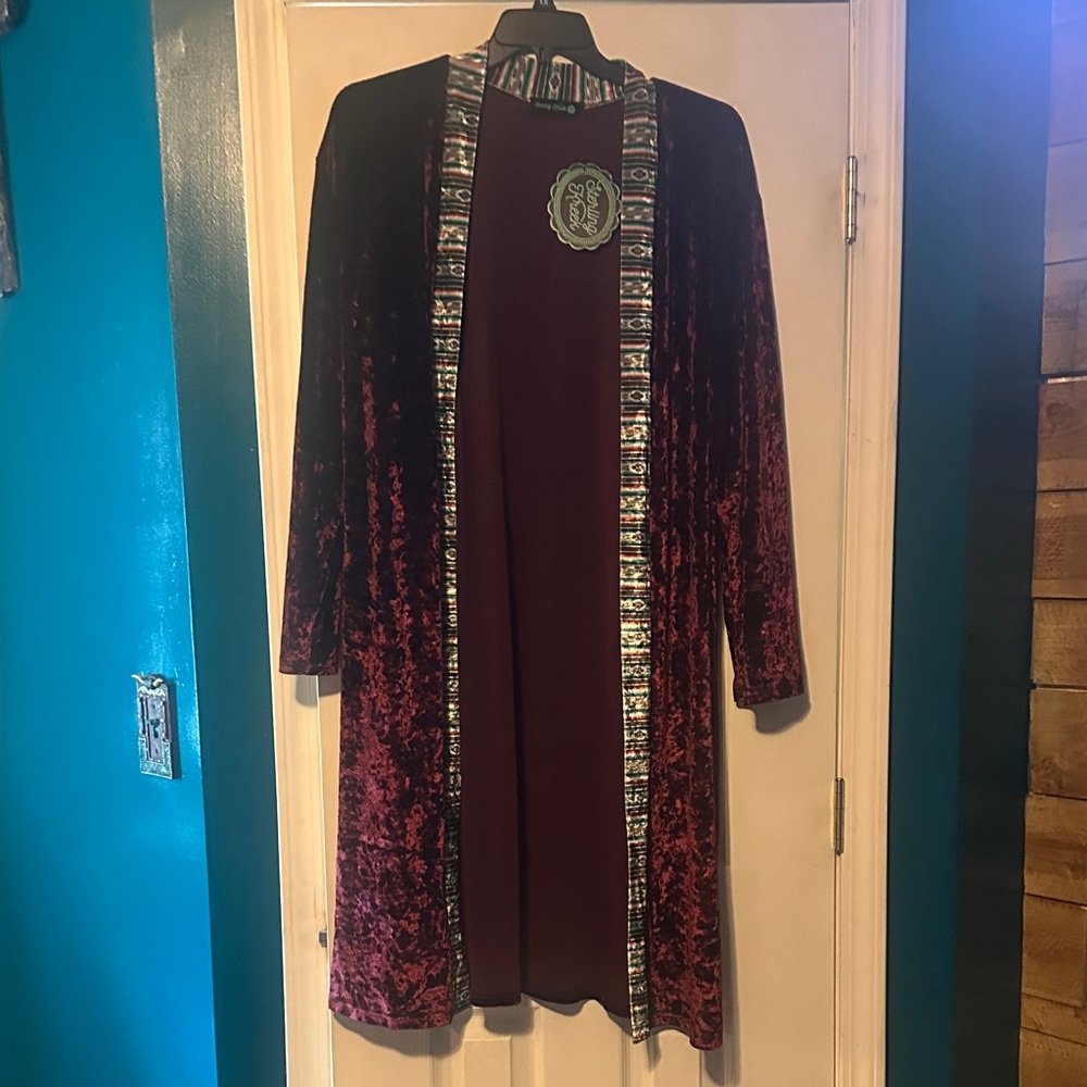 Sterling Kreek Velvet Open Front Long Cardigan with Patterned Trim - Burgundy